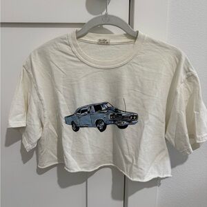 Brandy Melville White Cropped Tee with Blue Car